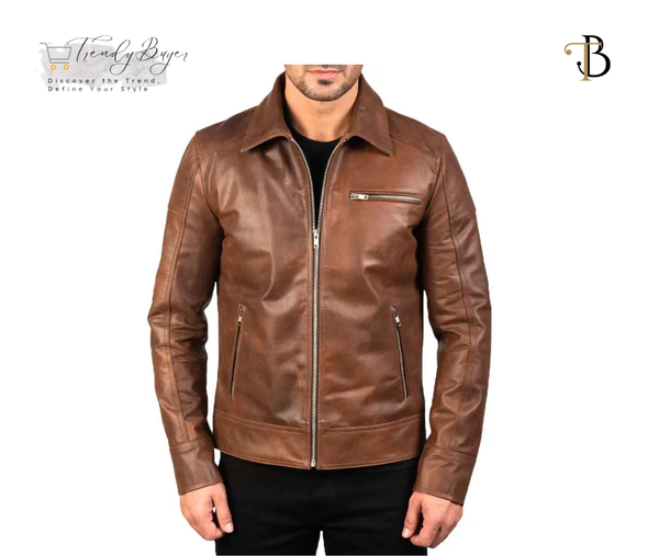 Brown Shirt Collar Vintage Leather Jacket