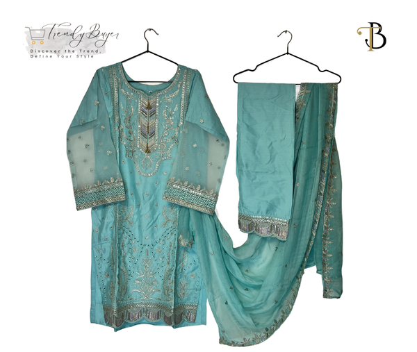 Charming Light Blue Raw Silk Suit